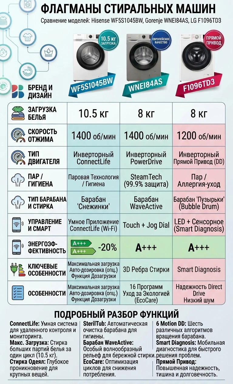 ✅  Сравнительная таблица технических характеристик полноразмерных стиральных машин Hise...