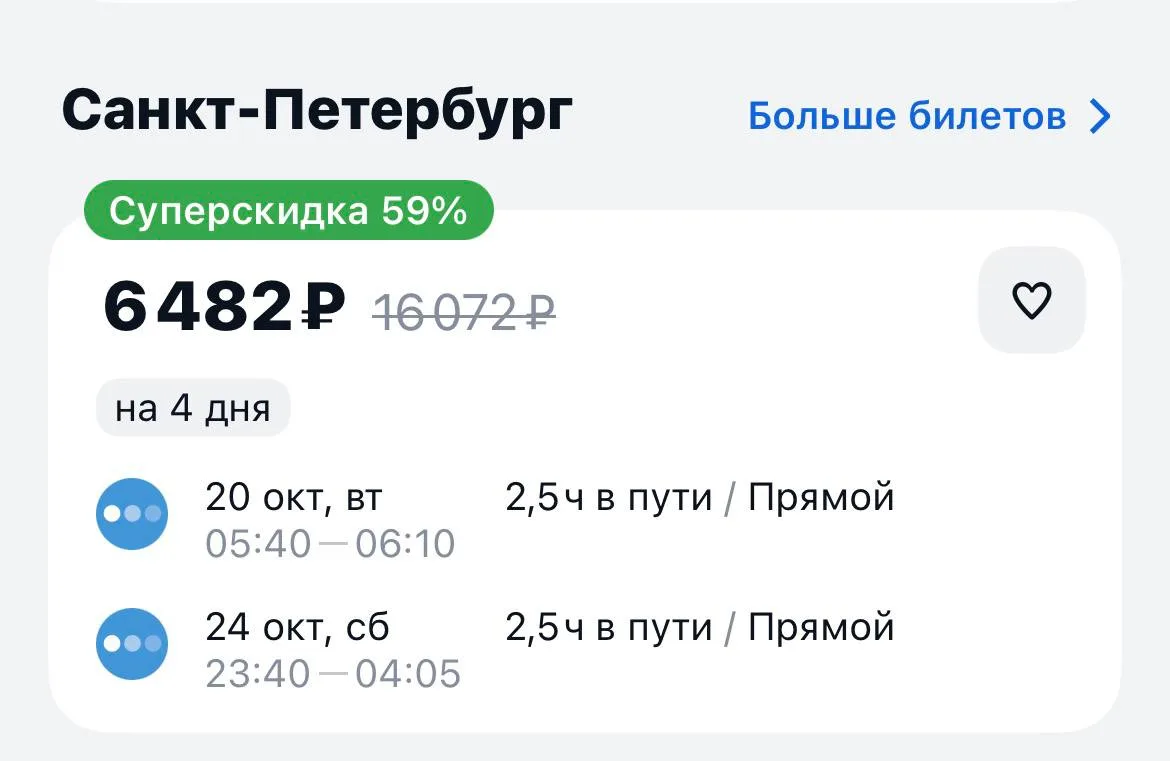 Пермь-Санкт Петербург и обратно за 6482₽., 20-24 октября, прямые рейсы https://aviasale...