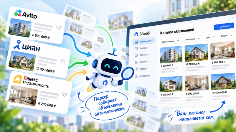 Модуль «Парсер» сам подтягивает свежие объявления из ads-api.ru по заданным вами услови...