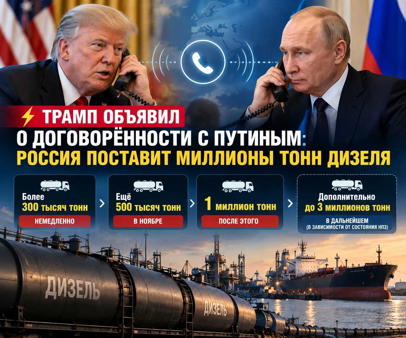 ⚡ Трамп объявил о договорённости с Путиным: Россия поставит миллионы тонн дизеля