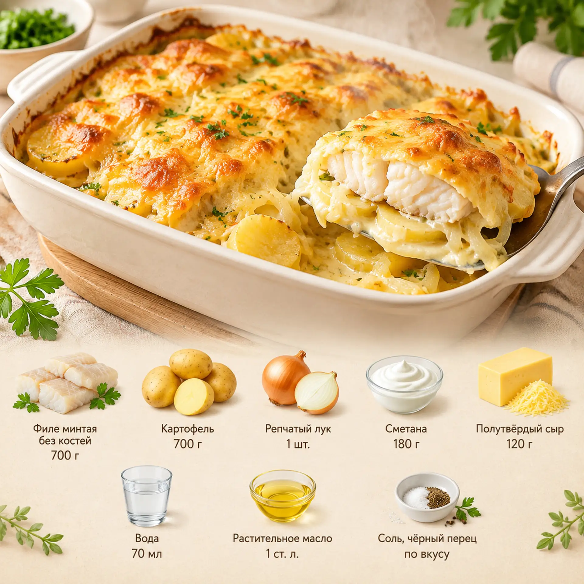 Минтай с картофелем под сырной корочкой 🤤