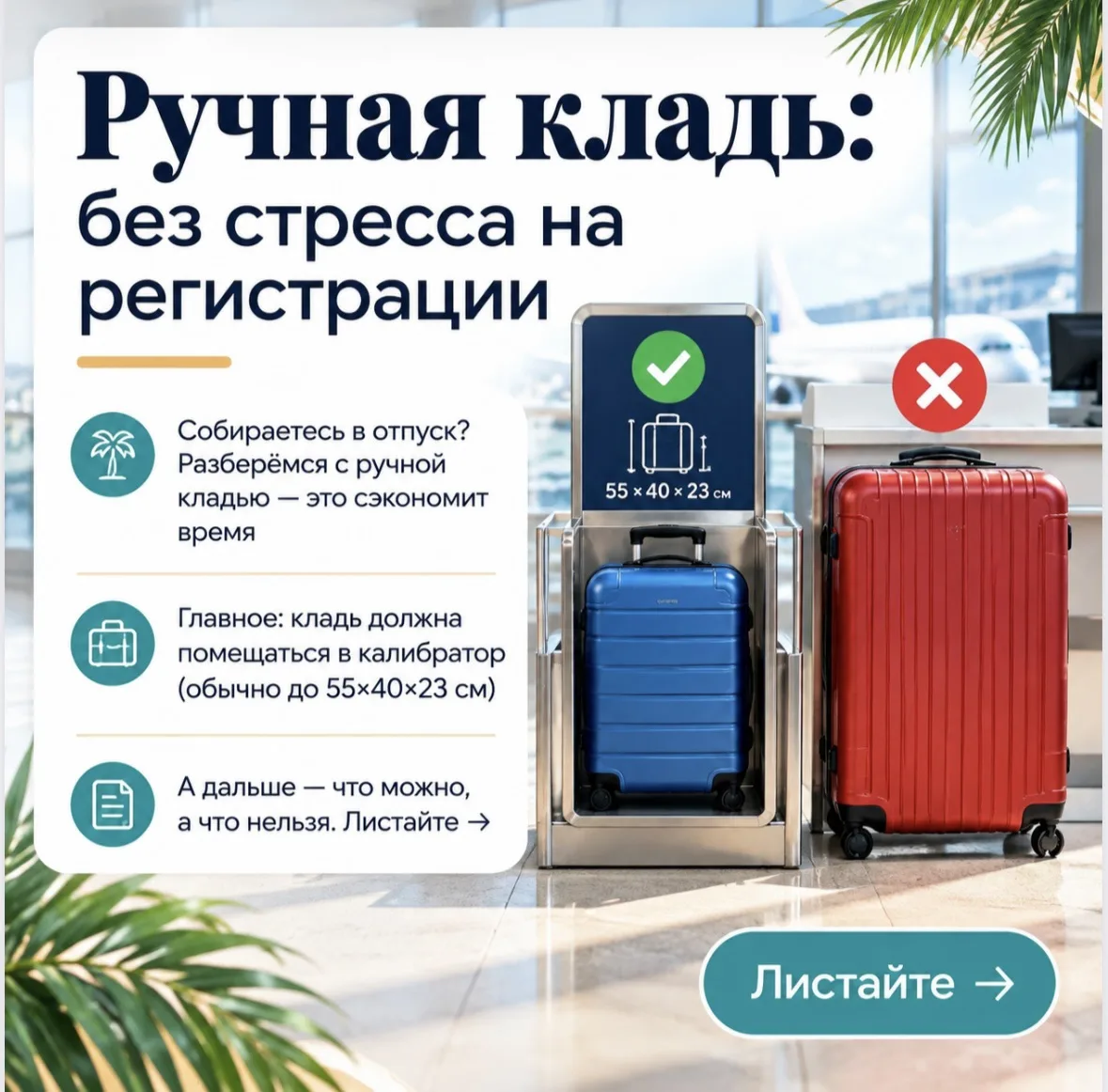 ✅ Помните, что перевозчики могут устанавливать собственные требования к весу и размерам...
