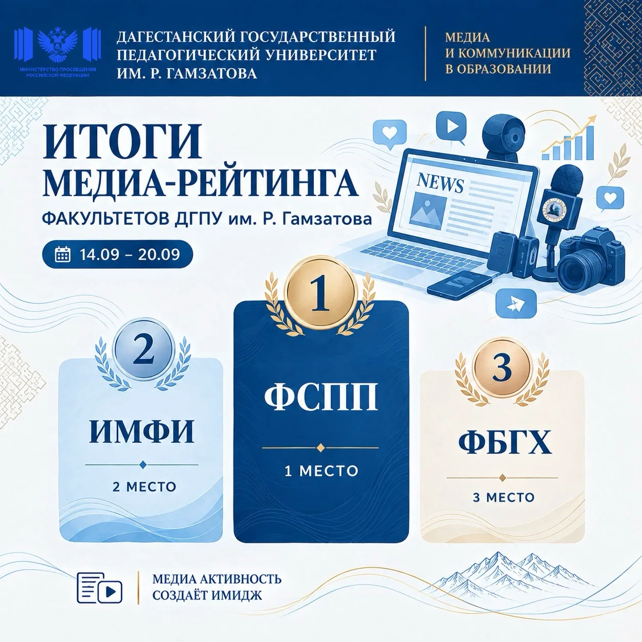 🎉 Продолжаем делиться с вами итогами рейтинга по медиа-активности факультетов ДГПУ им....