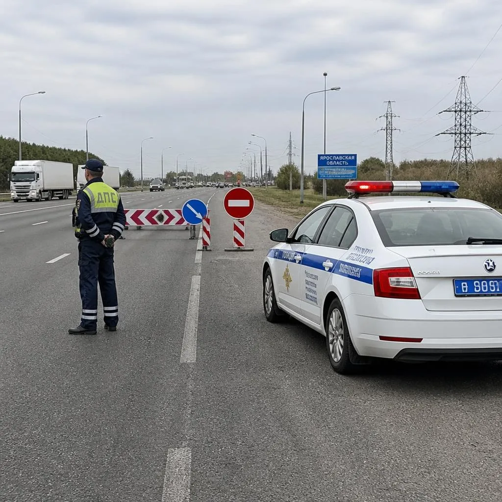 В целях обеспечения безопасности перекрыто движение транспорта на выезде из Ярославля в...