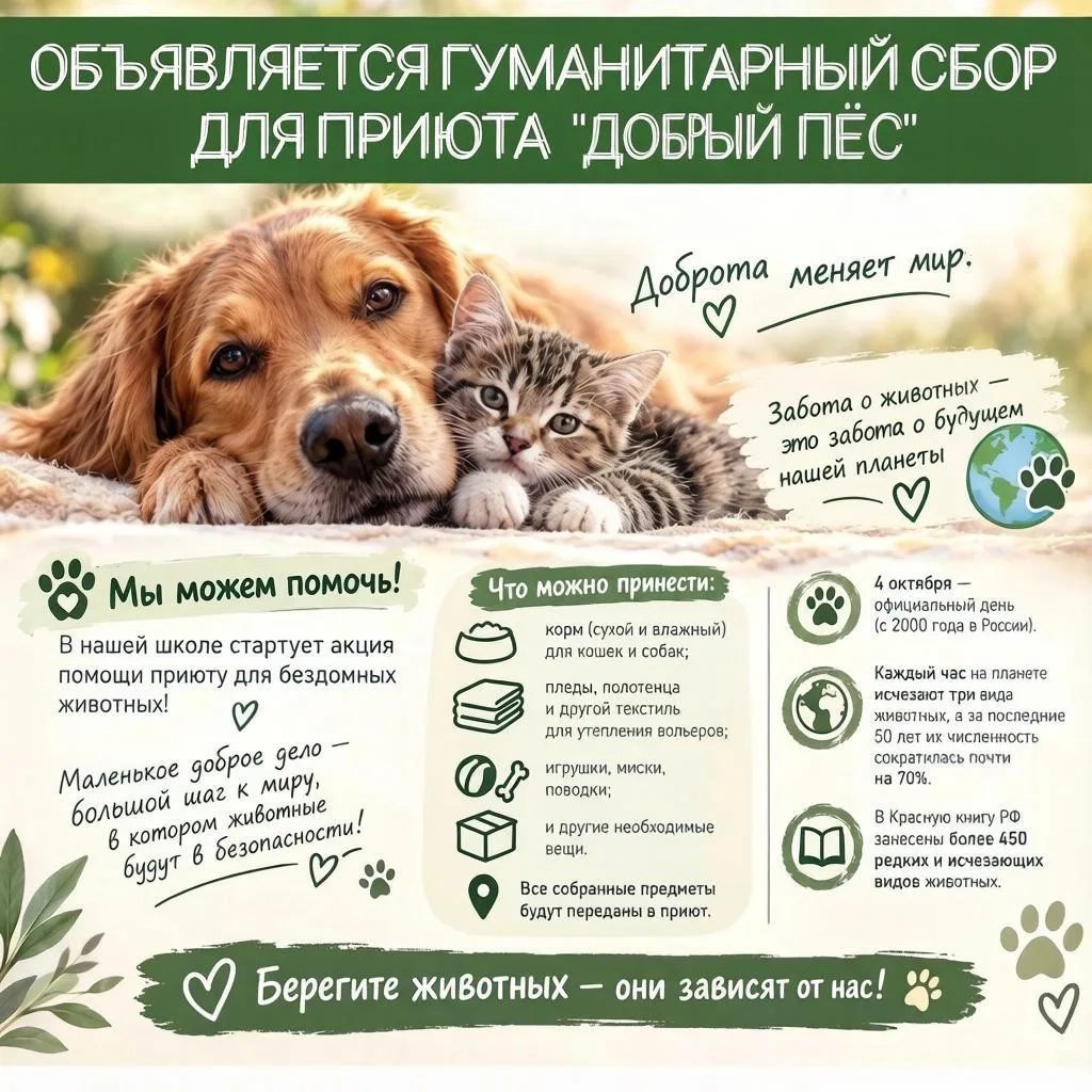📢 Наша школа объявляет гуманитарный сбор для приюта «ДОБРЫЙ ПЁС » 🐕🐈