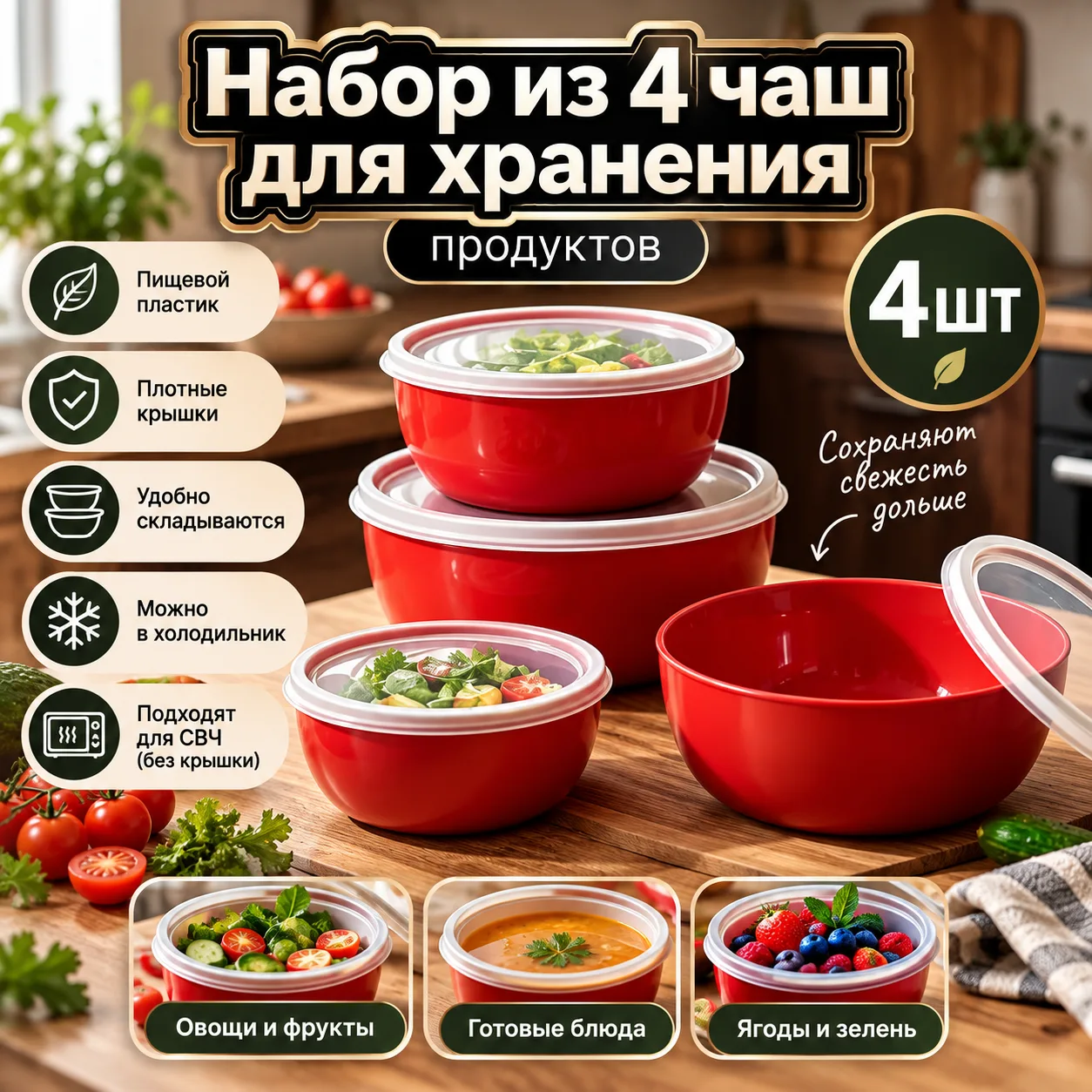 Набор из 4 чаш с крышками 🍲
