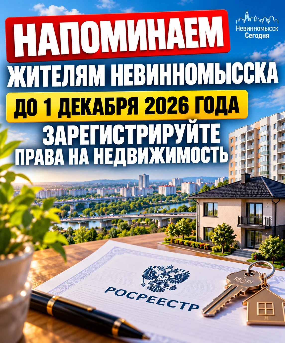 Напоминаем жителям Невинномысска о необходимости зарегистрировать права на недвижимость...