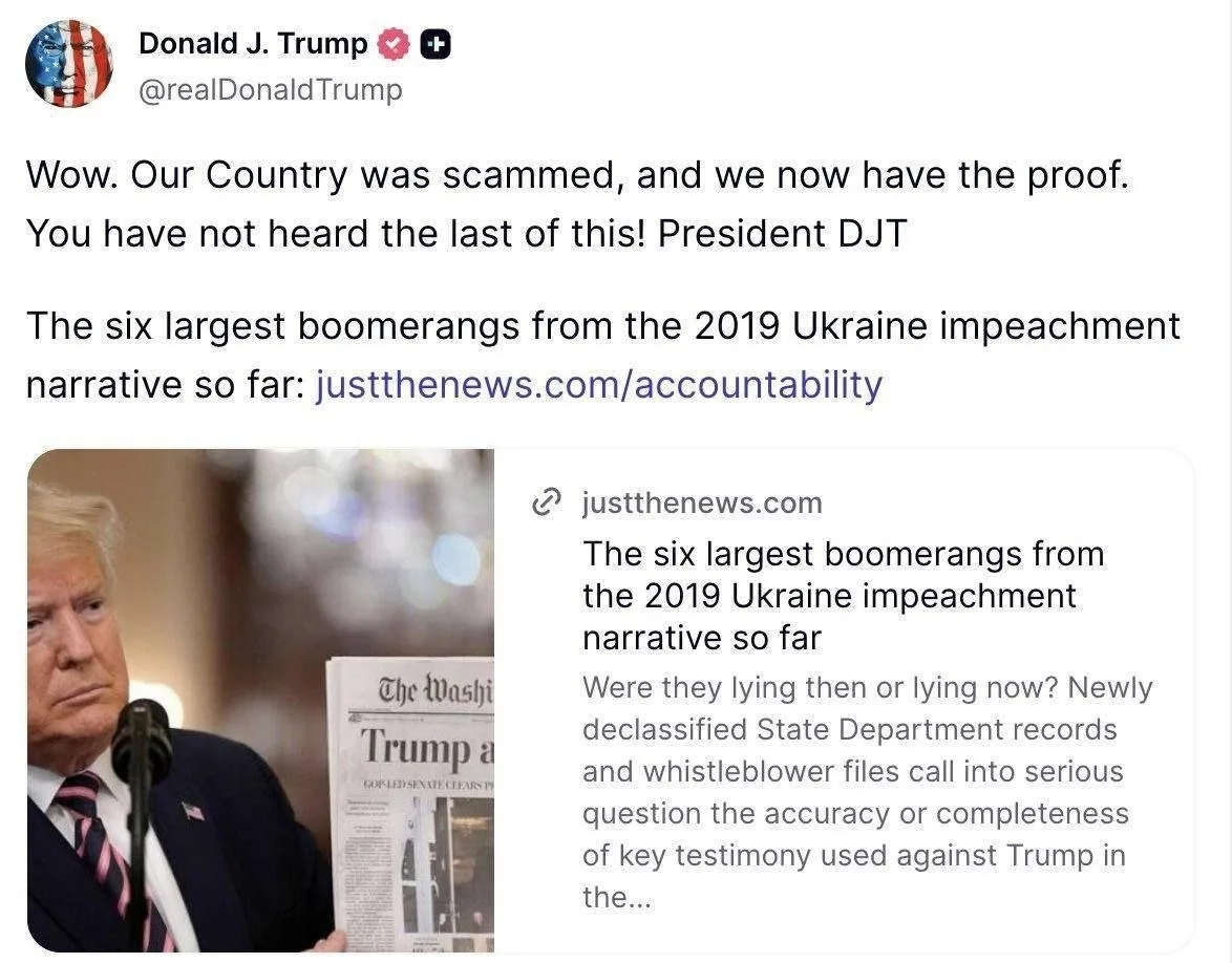 Трамп заявил о новых доказательствах «украинского следа» в деле о своём первом импичменте