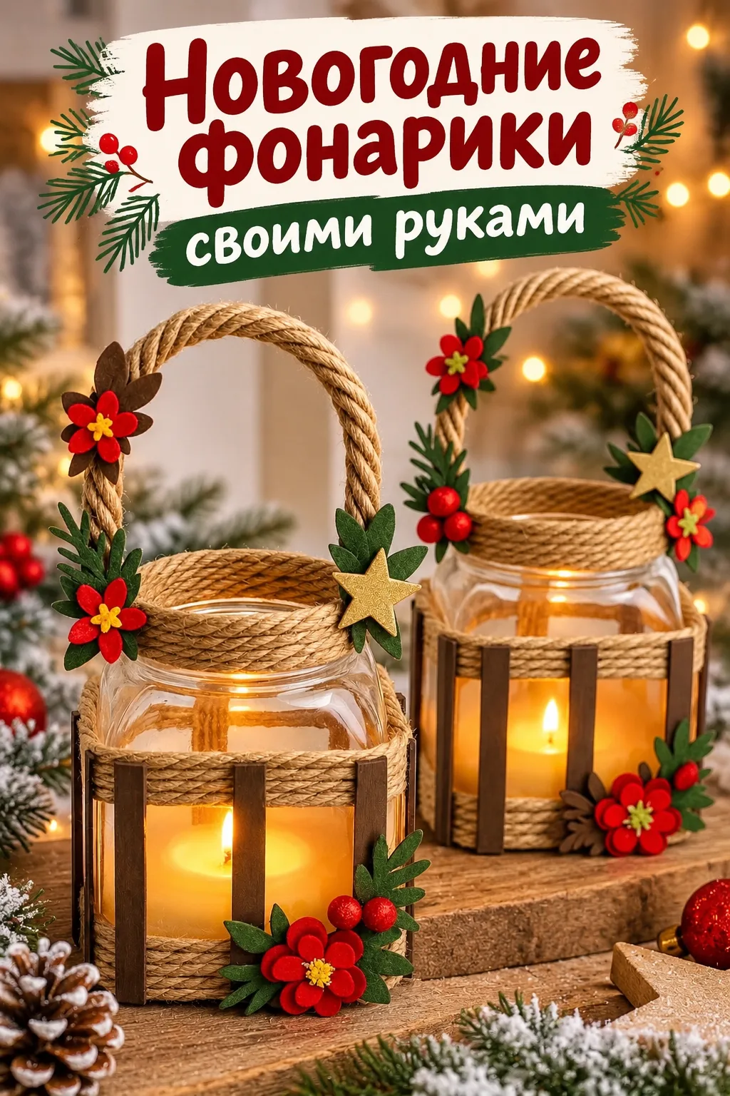 Новогодние фонарики из стеклянных банок — уютный праздничный декор своими руками с джут...
