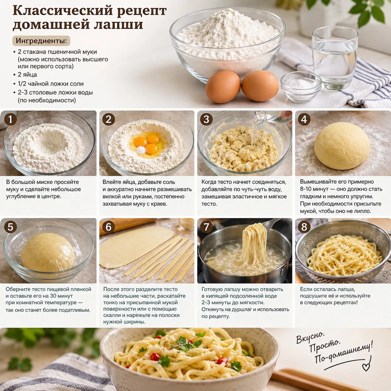 Классический рецепт домашней лапши 🍜, который несложно приготовить из простых ингредие...