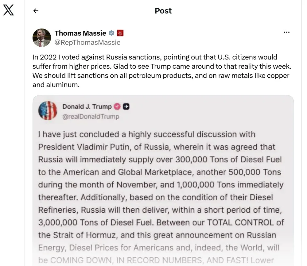 🇺🇸🇷🇺Конгрессмен-республиканец поддержал соглашение России и США по дизельному топли...