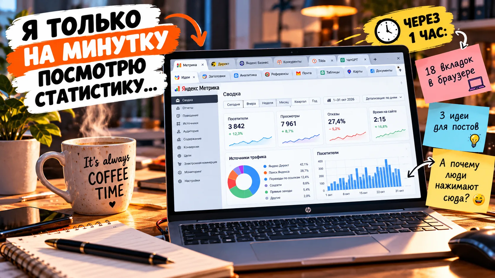 😄 Я только на минутку посмотрю статистику…