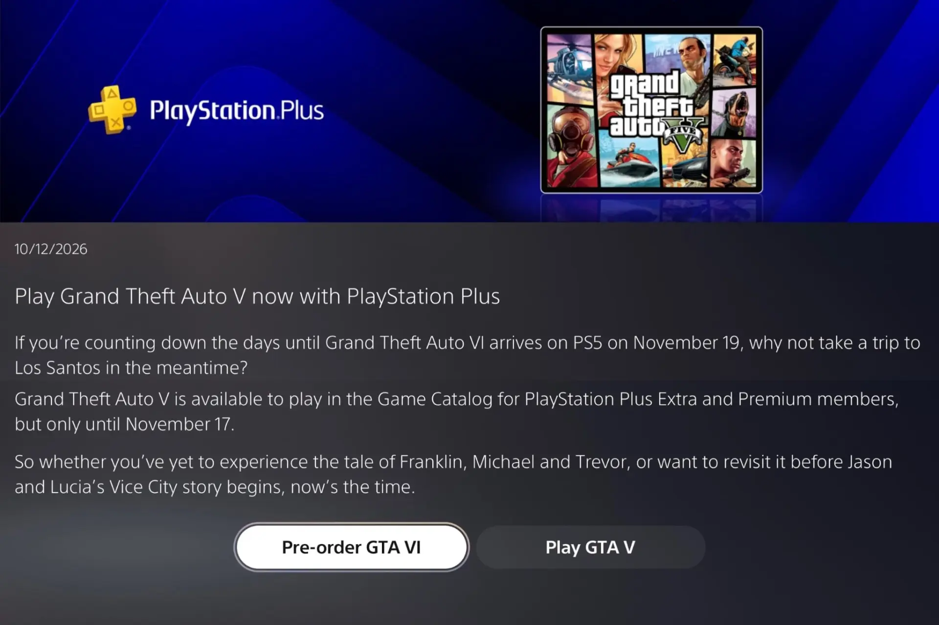 5️⃣ GTA V покинет PS Plus за два дня до выхода GTA VI