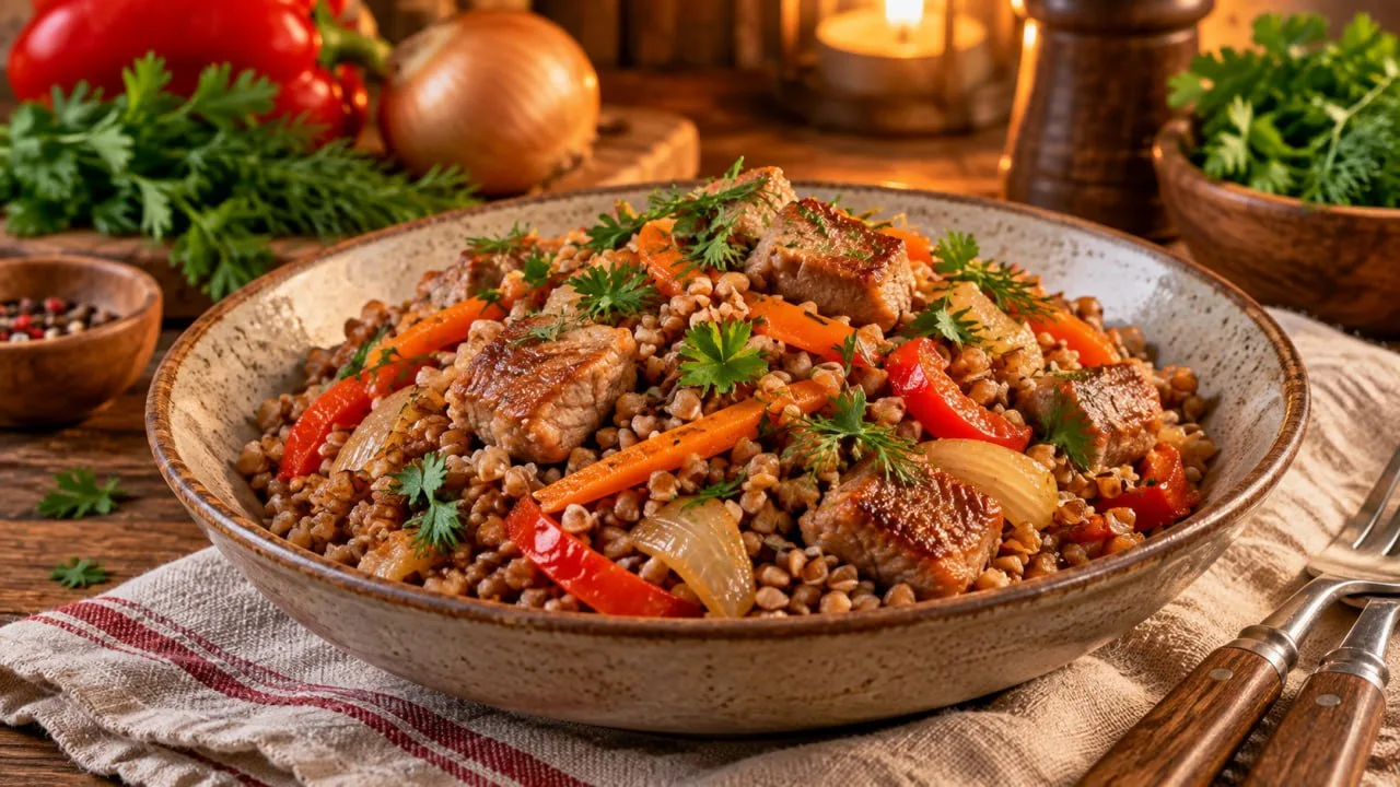 Гречка по-купечески со свининой и овощами