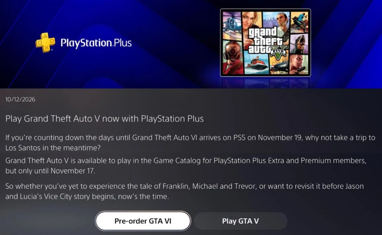 GTA 5 покинет каталог PS Plus за два дня до выхода GTA 6
