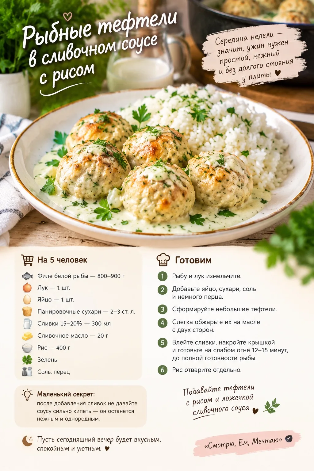 Рыбные тефтели в сливочном соусе с рисом.