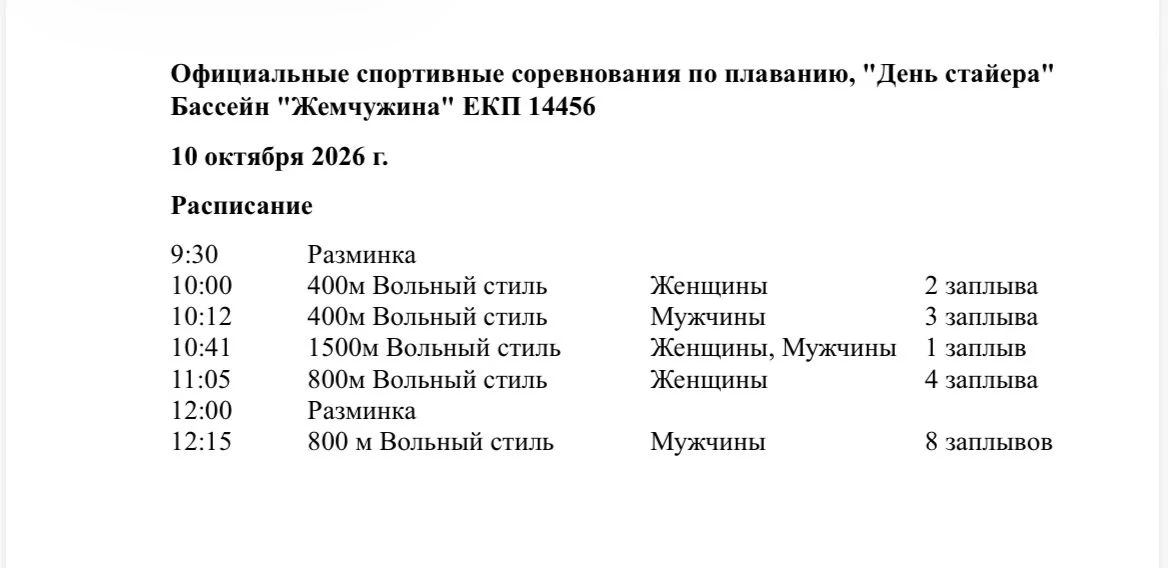 Друзья, публикуем расписание дня и стартовый протокол для соревнований «День стайера». ...