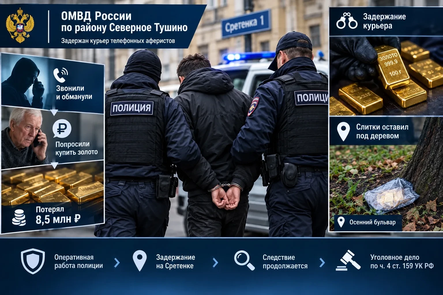🕵️‍♂️ Курьера телефонных мошенников задержали после обмана пенсионера на 8,5 млн рублей