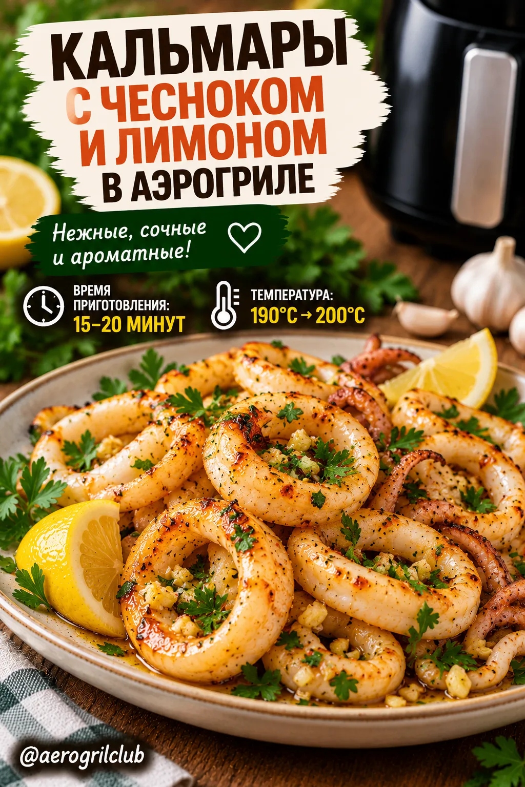 Сочные кальмары с чесноком и лимоном в аэрогриле