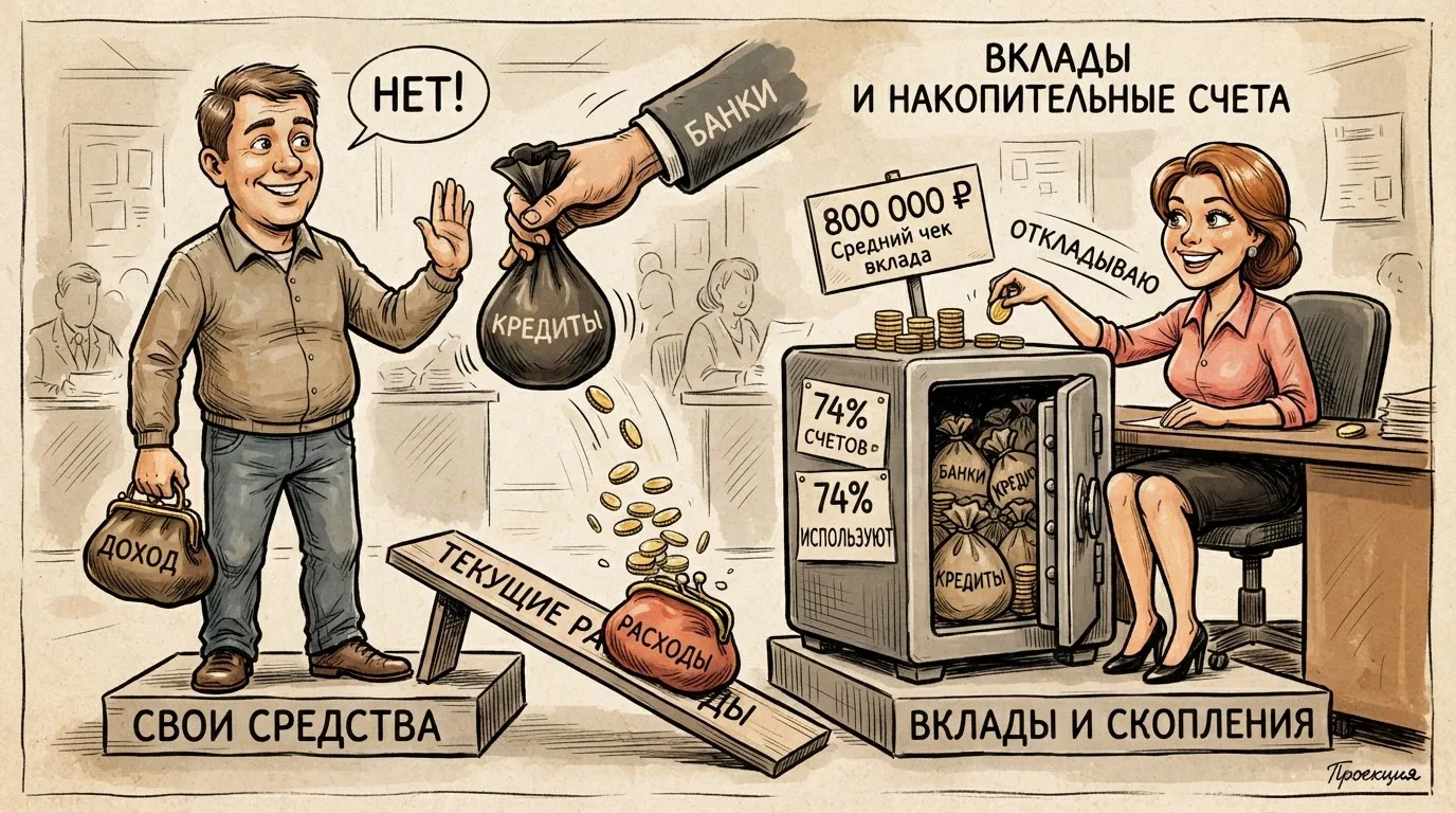 Почти половина россиян (48%) стараются не брать кредиты и пользуются только собственным...