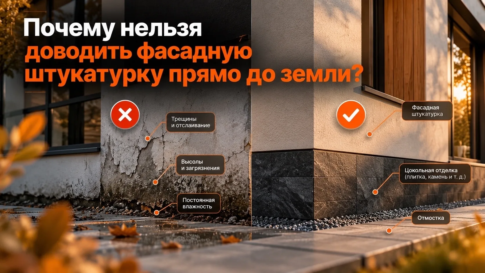 Почему нельзя доводить фасадную штукатурку прямо до земли?