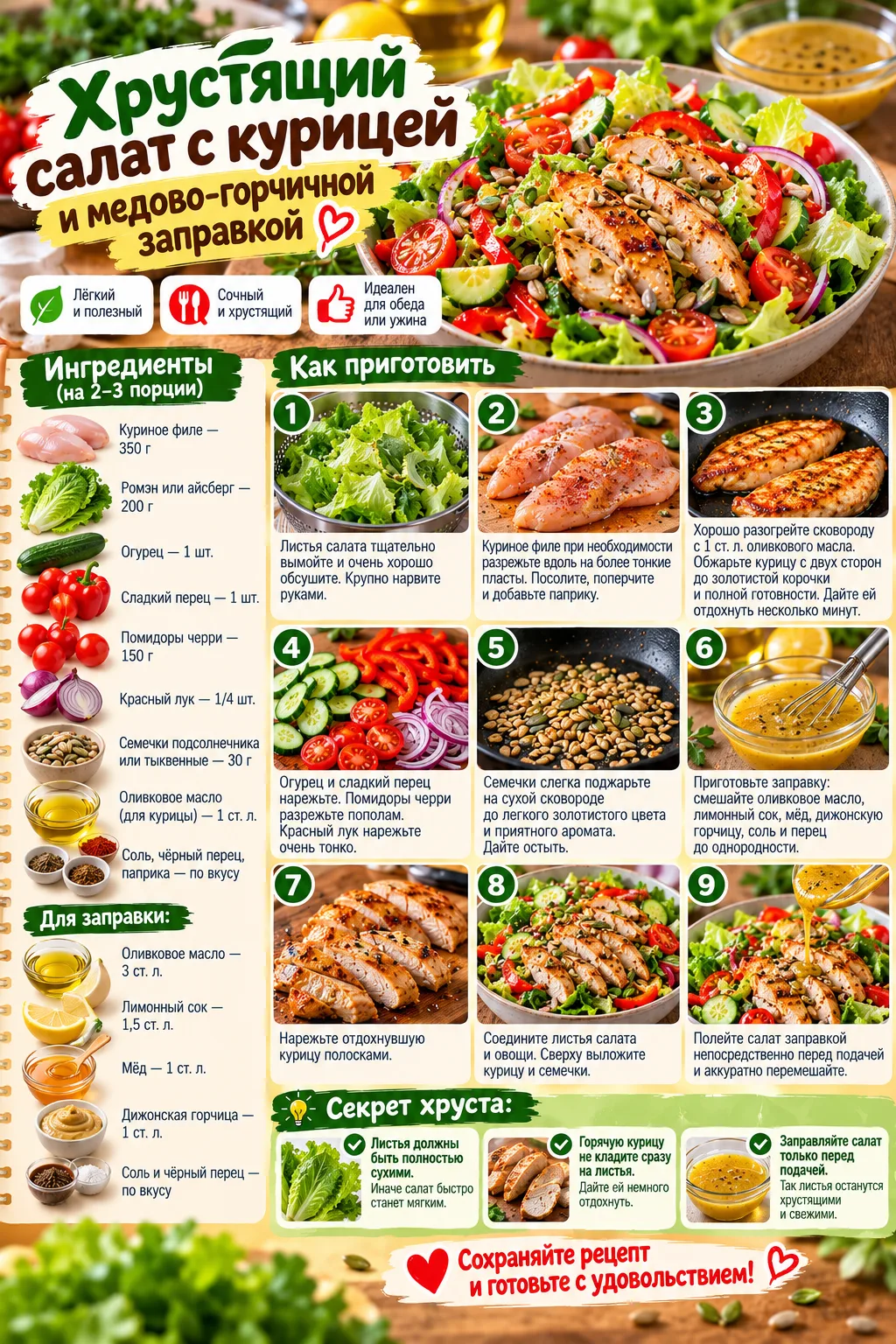 🥗 ХРУСТЯЩИЙ САЛАТ С КУРИЦЕЙ И МЕДОВО-ГОРЧИЧНОЙ ЗАПРАВКОЙ