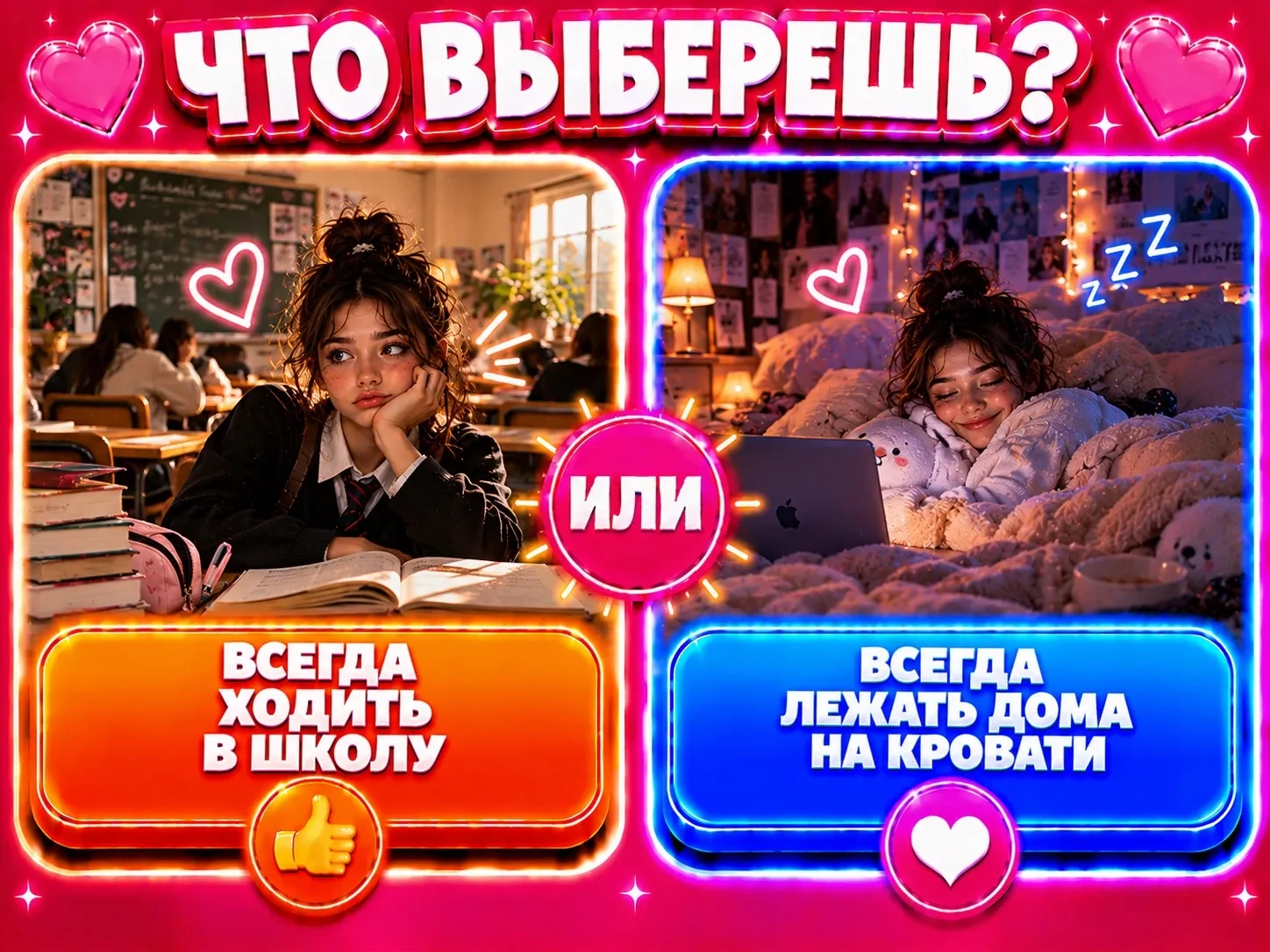 Всегда ходить в школу или всегда лежать дома на кровати?