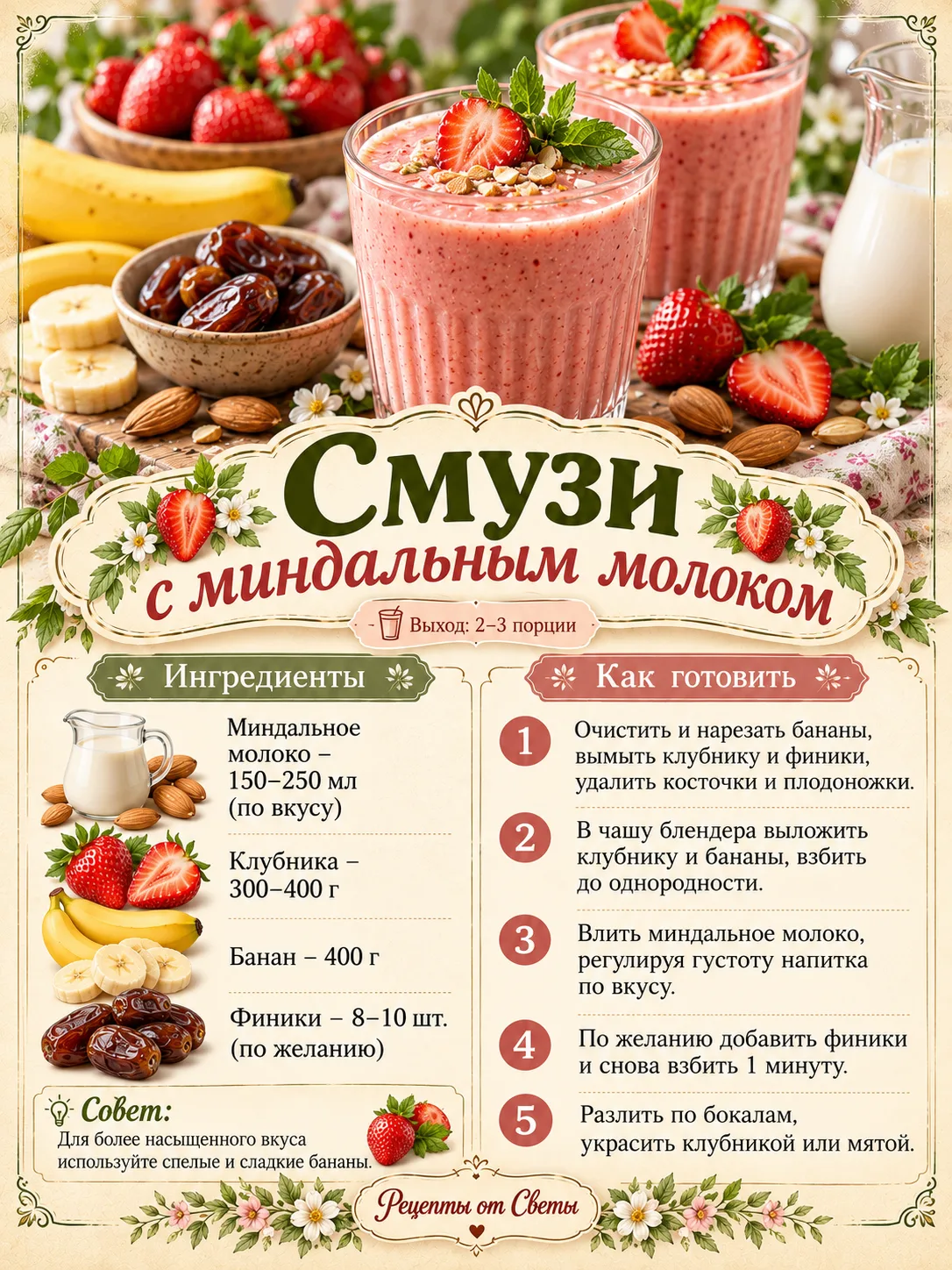 🍓 Густой клубнично-банановый смузи с миндальным молоком, когда хочется чего-нибудь вку...