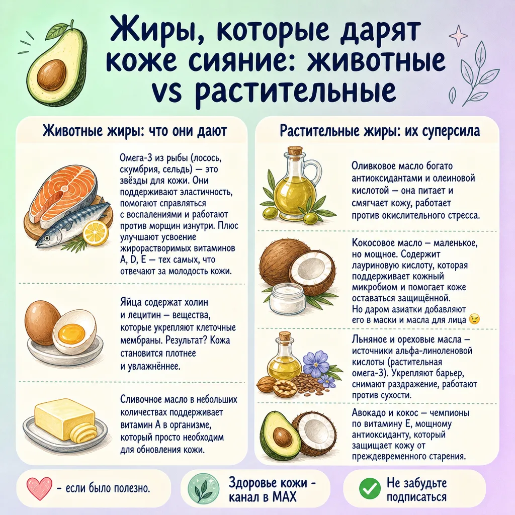 🥑 Жиры, которые дарят коже сияние: животные vs растительные