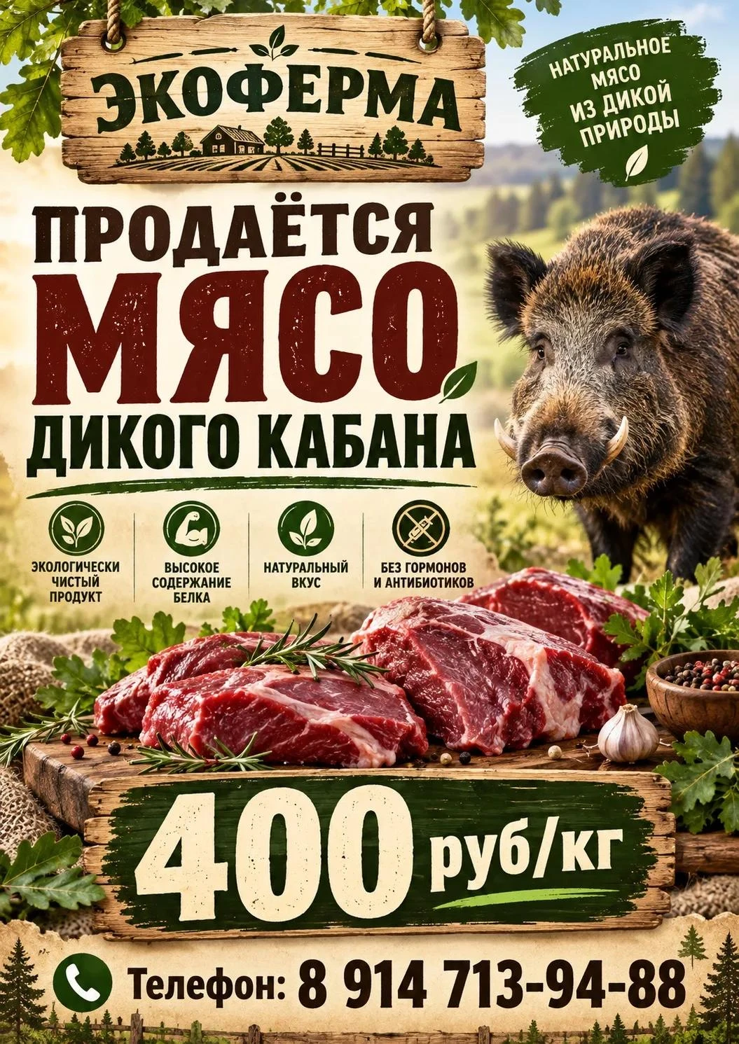 🌿 ЭКОФЕРМА ПРЕДЛАГАЕТ МЯСО ДИКОГО КАБАНА! 🐗
