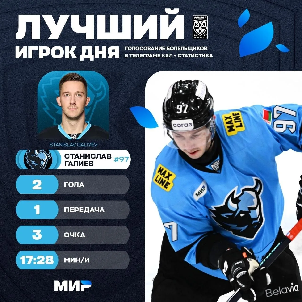 🐃 Российский нападающий минского «Динамо» – лучший игрок дня КХЛ
