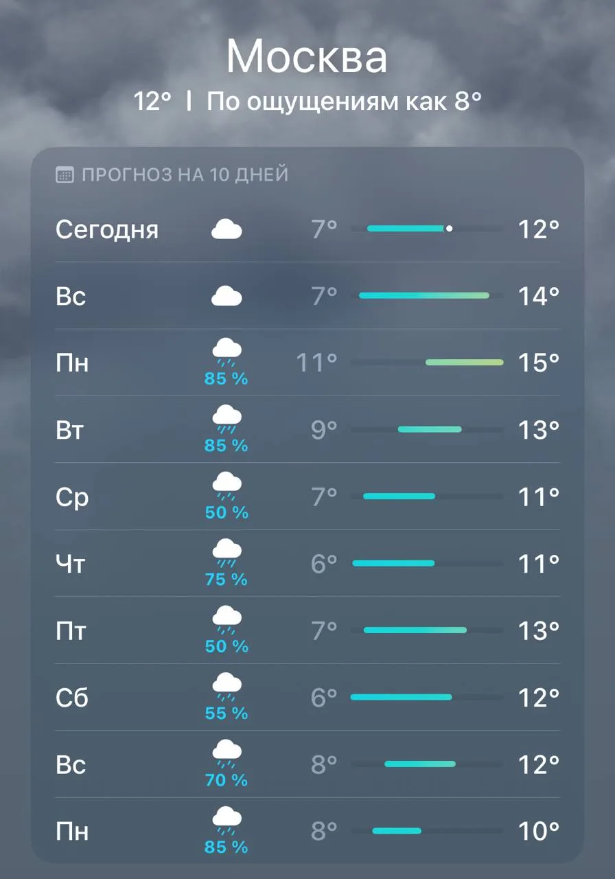 В Москве на следующей неделе прогнозируют ежедневные дожди