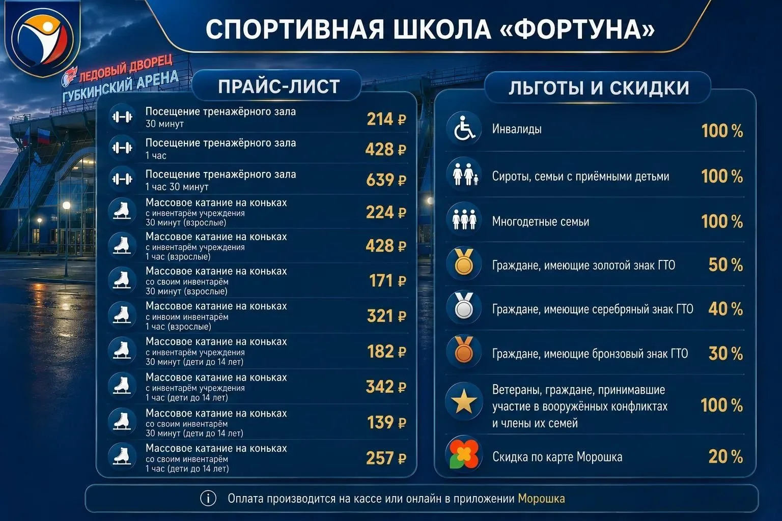 Тарифы на оказание платных услуг МБУ ДО СШОР «Фортуна»