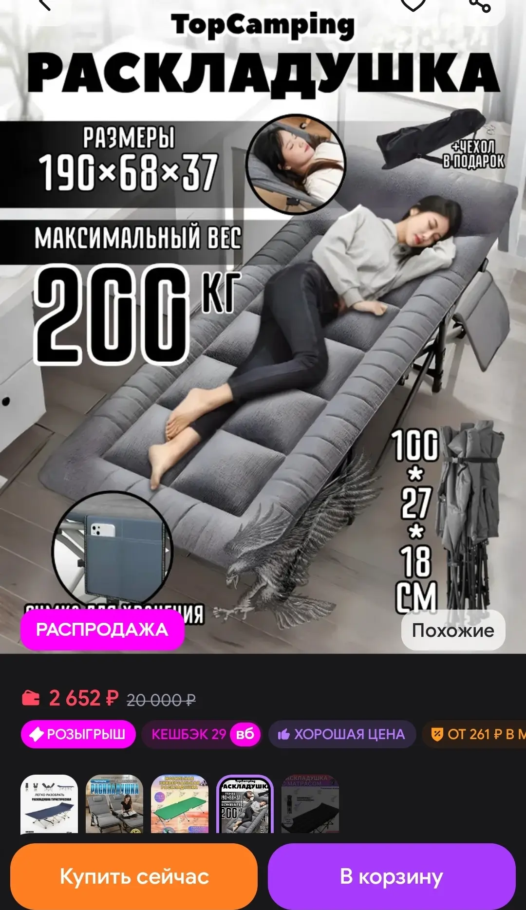 🐸Раскладушка туристическая с матрасом TopCamping