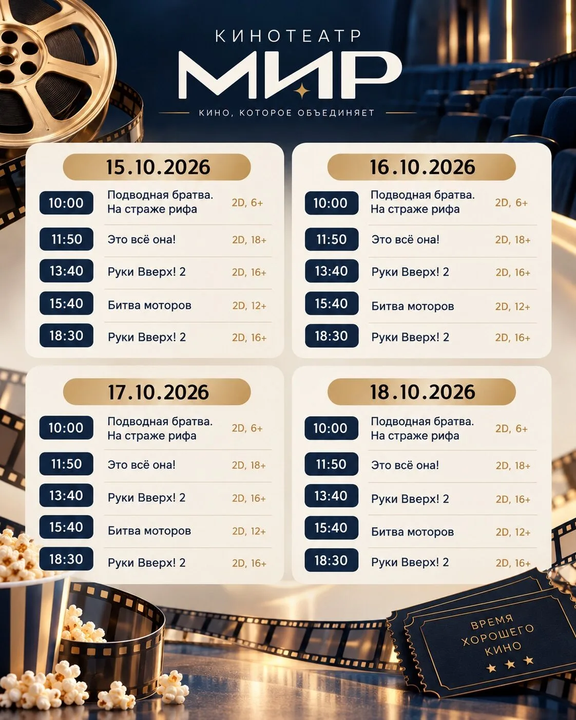 🎬 НОВОЕ РАСПИСАНИЕ СЕАНСОВ В КИНОТЕАТРЕ «МИР» с 15 по 18 октября