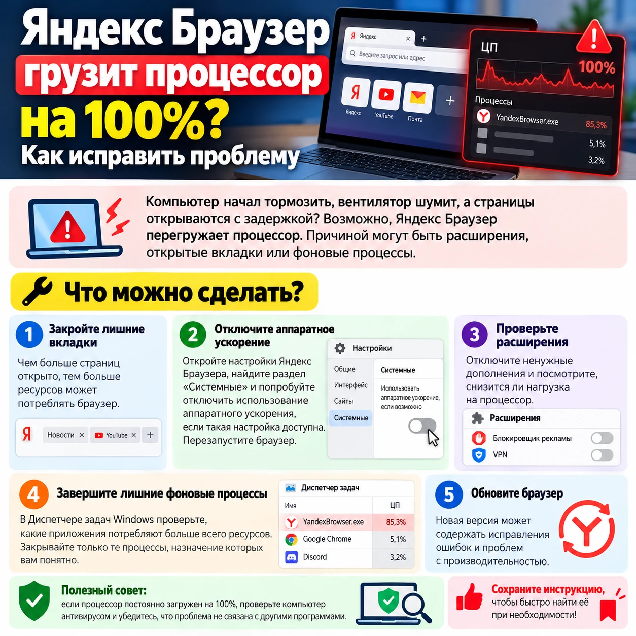 💻 Яндекс Браузер грузит процессор на 100%? Как исправить проблему