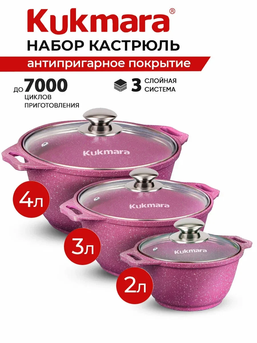 Набор кастрюль 2л 3л 4л розовых KUKMARA антипригарное покрытие со стеклянными крышками....