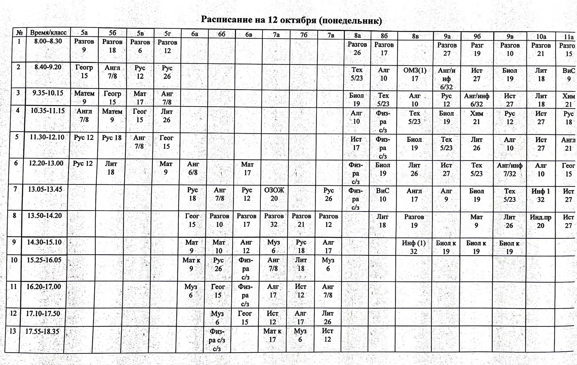 Расписание на 12 октября
