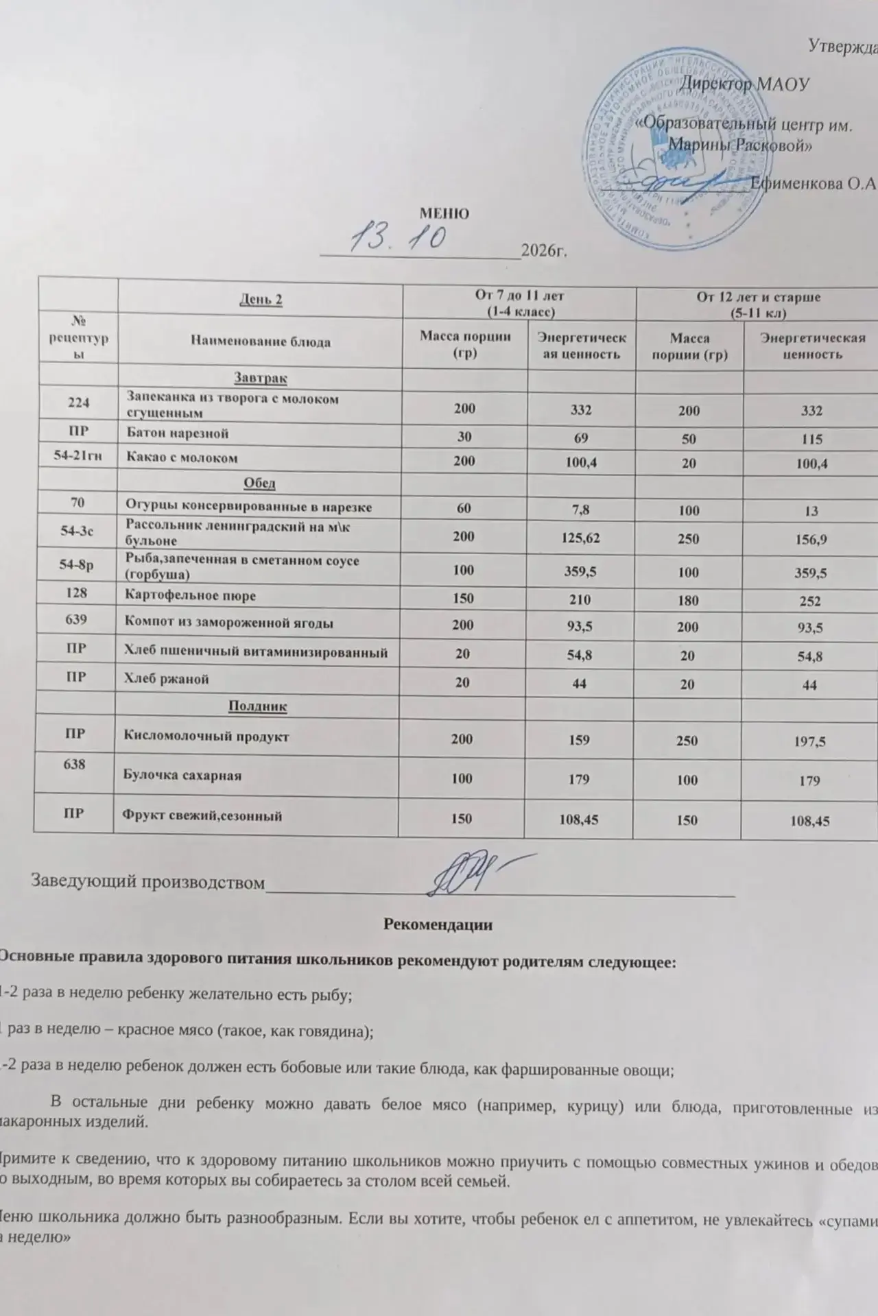 Вид питания: завтрак