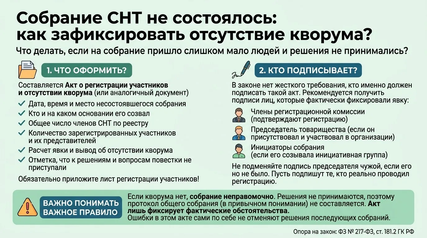 √250. Как зафиксировать отсутствие кворума на собрании СНТ, если решения не принимались