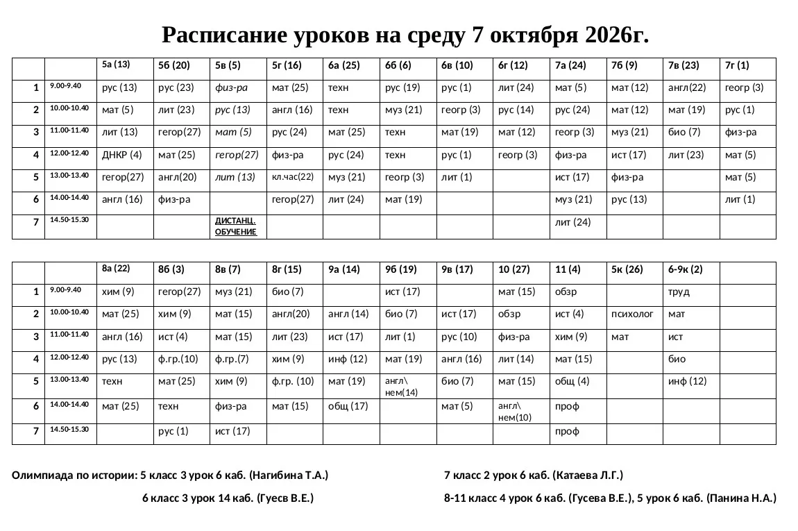 Изменения в расписании на среду: