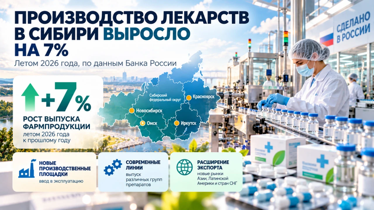 Производство фармацевтической продукции в Сибири летом 2026 года выросло в среднем на 7...
