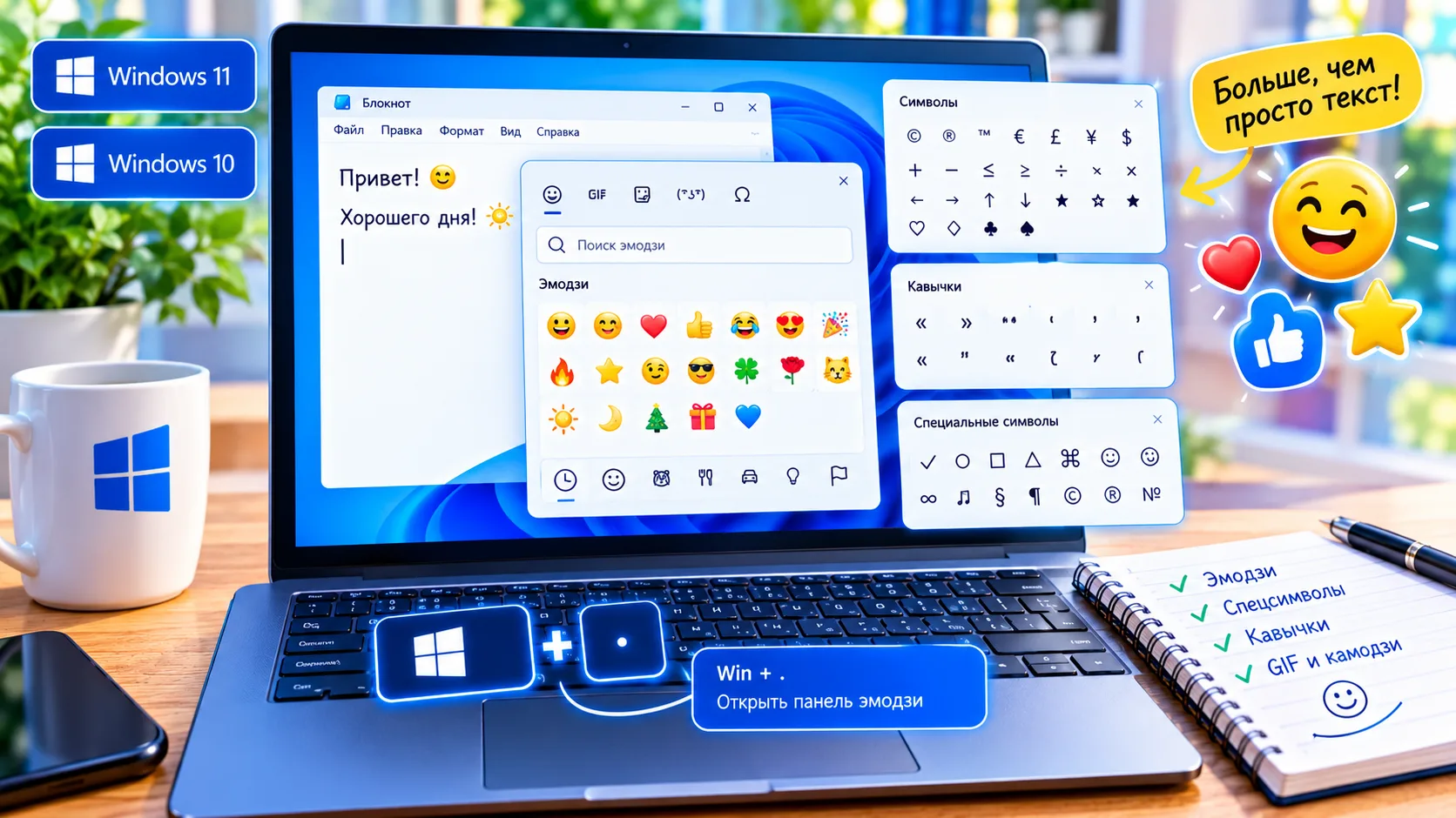😊 ЭМОДЗИ, СПЕЦСИМВОЛЫ И КАВЫЧКИ — WINDOWS ПОЗВОЛЯЕТ ВСТАВЛЯТЬ ИХ БЕЗ КОПИРОВАНИЯ С САЙТОВ