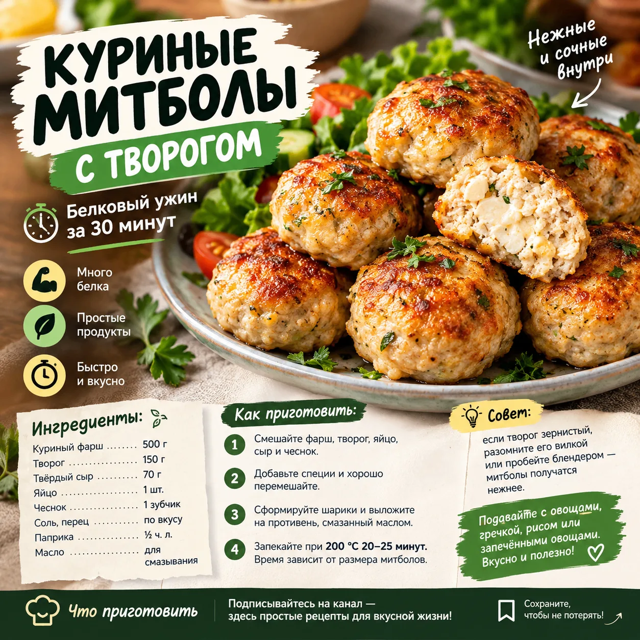 🍗 КУРИНЫЕ МИТБОЛЫ С ТВОРОГОМ — СОЧНЫЕ ВНУТРИ, С РУМЯНОЙ КОРОЧКОЙ СНАРУЖИ!😍