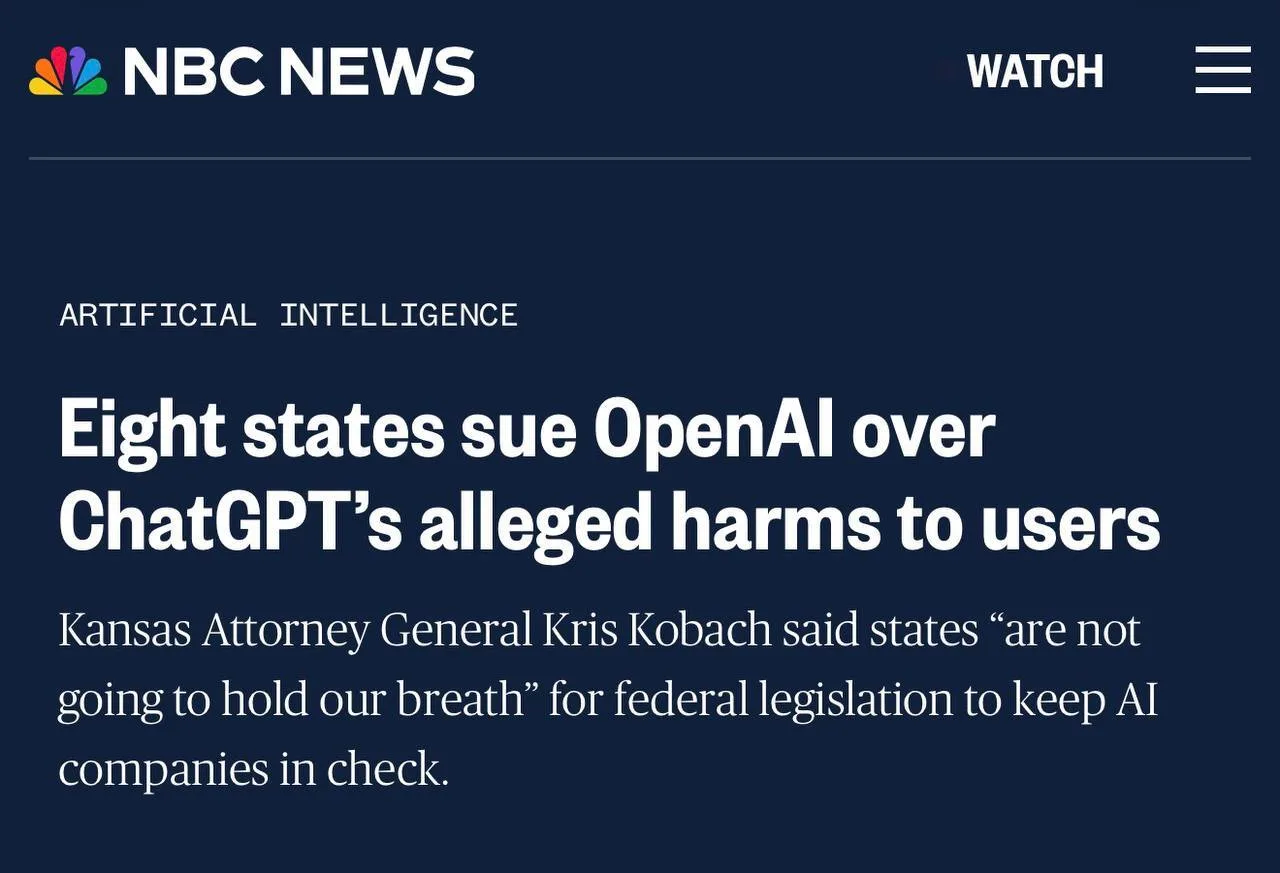 ⚡️Восемь штатов США подали иск к OpenAI, обвинив в причинении вреда детям, — NBC News.
