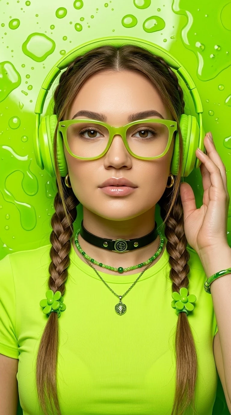 Ultra-realistic close-up fashion portrait of a young woman, centered composition, looki...