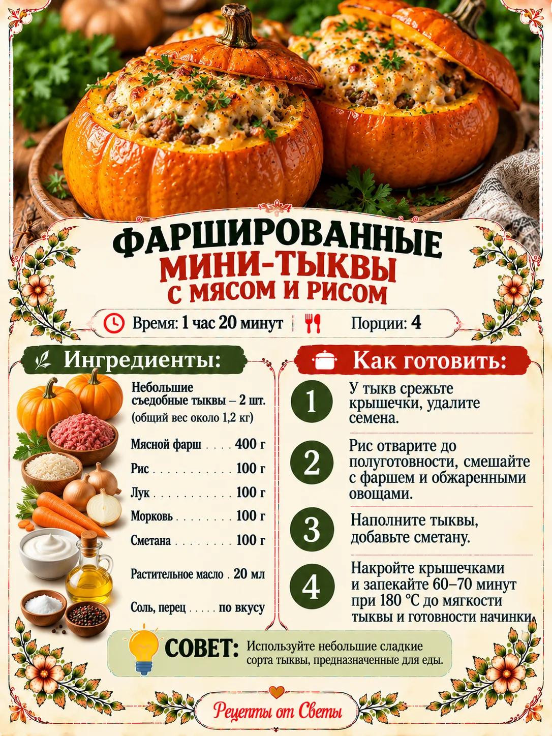 🎃 Фаршированные мини-тыквы с мясом и рисом, такие аппетитные горшочки, что даже посуду...