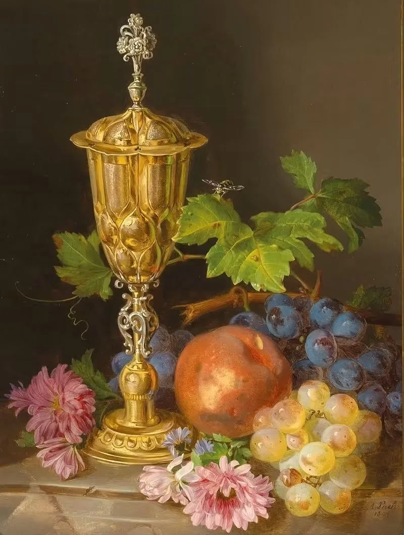 "Натюрморт с кубком с крышкой, виноградом, яблоками и астрами", 1849 г.