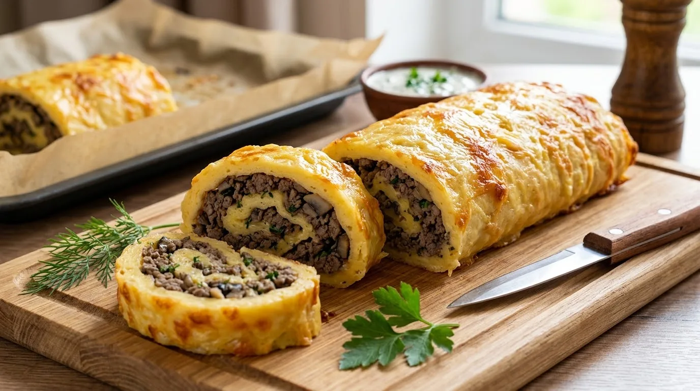 🧀 Сырный рулет с сочной говядиной и ароматными грибами