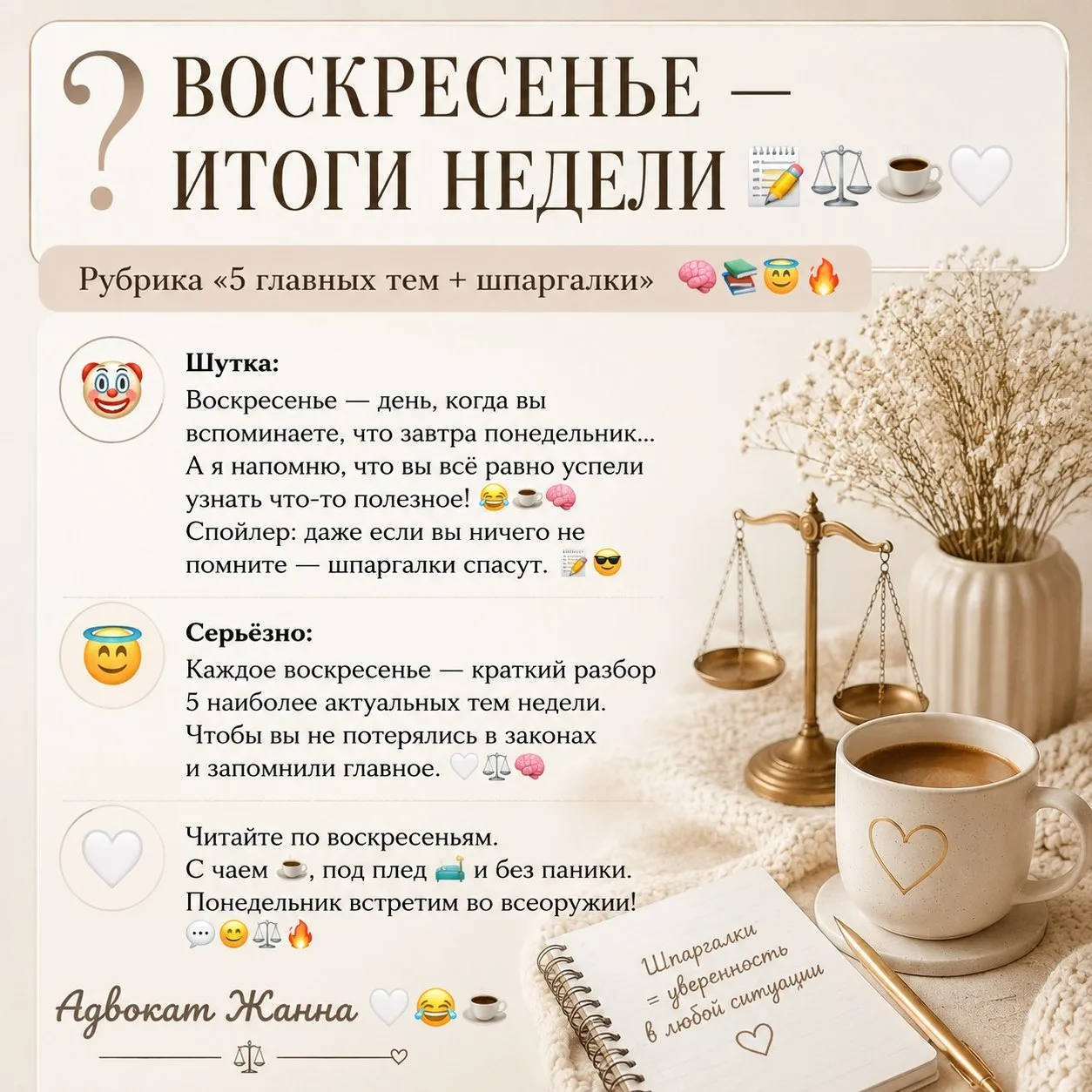📆 ВОСКРЕСЕНЬЕ — ИТОГИ НЕДЕЛИ 📝⚖️☕🤍🎉